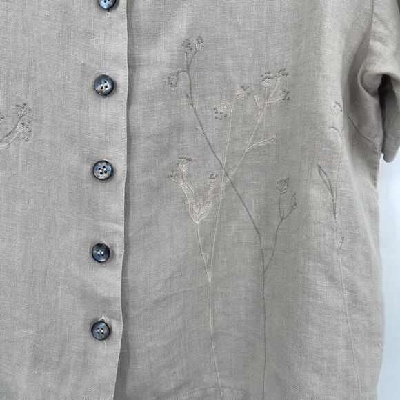 Kiko Comfortable Clothing Tan Linen Embroidered Button Up Tunic Blouse One Size - Picture 2 of 7